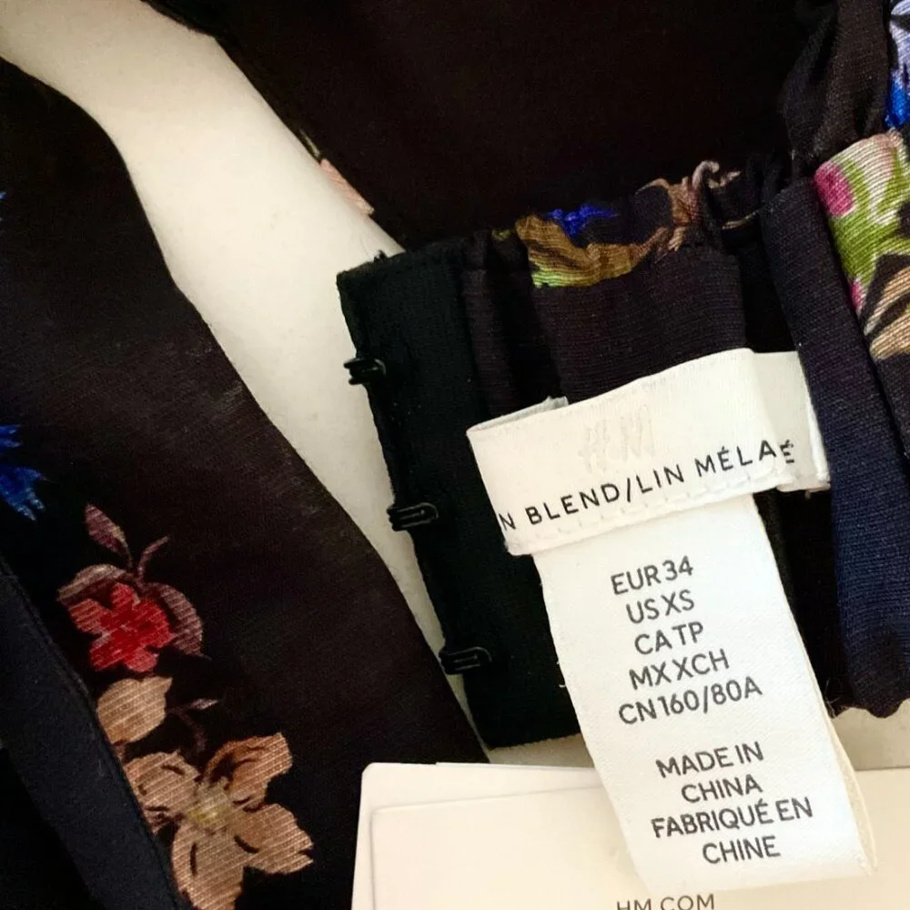 🪻H&M Tie-Strap Crop Top Floral Flowers Black Ribbon Tie Extra Small XS